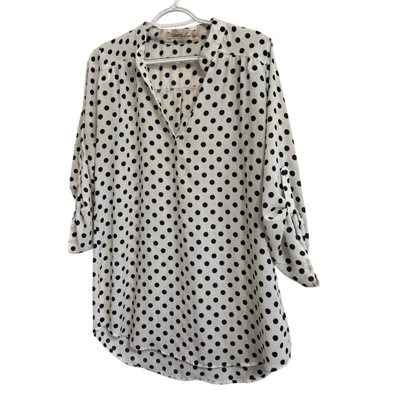 Liberty Love Blouse Women Size Large White Blue Polka Dots 3/4 Sleeve pullover - Picture 2 of 5